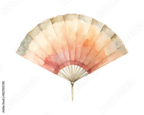 Traditional Chinese Paper Fan Watercolor Vector Illustration, Asian Cultural Decor Art Isolated on White Background