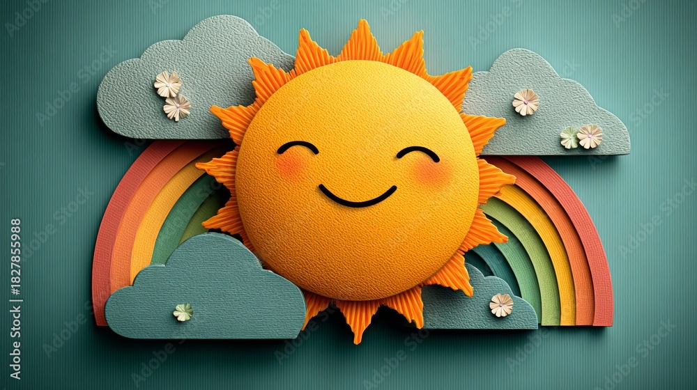 Obraz premium Cheerful Sun Rainbow and Clouds A Colorful Illustration.
