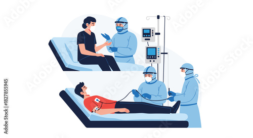 Healthcare professionals in full personal protective equipment providing care to patients in a hospital setting during an epidemic or pandemic.