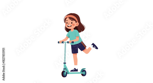 Happy cartoon girl with a cute headband joyfully riding a kick scooter with one leg enthusiastically raised.
