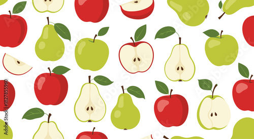 Seamless pattern featuring fresh whole and perfectly sliced red apples alongside green pears on a clean white background.