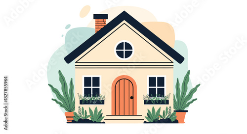 Charming cartoon illustration of a cozy, inviting family house with a prominent chimney and lush garden plants adorning the entrance.