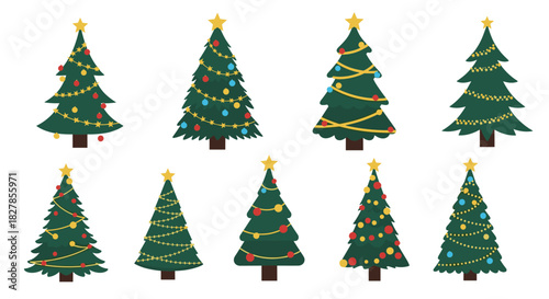 Diverse collection of nine cartoon christmas trees each uniquely adorned with colorful lights and festive ornaments.
