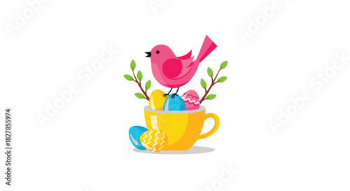 Charming pink cartoon bird sitting in a yellow teacup filled with colorful patterned Easter eggs and leafy branches.