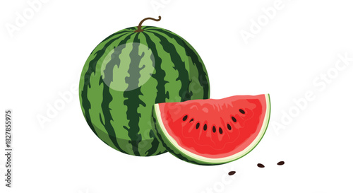 Fresh and juicy whole watermelon accompanied by a perfectly cut slice revealing its vibrant red flesh and black seeds.