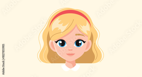 Happy cartoon girl's face with beautiful blonde hair a red headband and cute freckles smiling warmly.