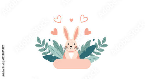 Adorable cartoon rabbit surrounded by lush green leaves and floating pink hearts with a blank pink banner.