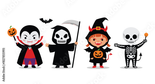 Group of four happy children dressed in classic halloween costumes including a vampire grim reaper witch and skeleton.