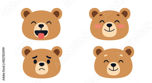 Collection of four adorable cartoon bear faces displaying various charming expressions including happy sad and playful.