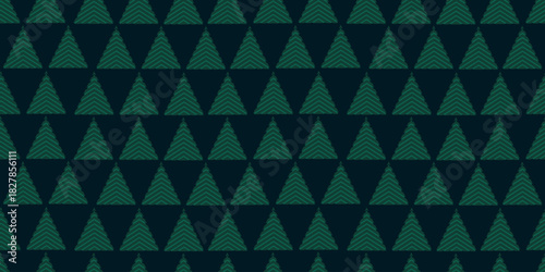 Seamless pattern with geometric triangular Christmas trees on dark background. Ideal for textile prints, holiday packaging, decor and winter designs