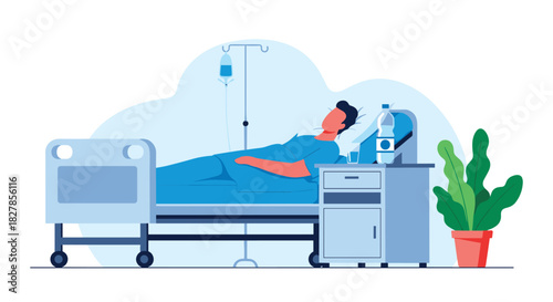 Patient resting in a hospital bed receiving an IV drip with a water bottle and plant on the bedside table.