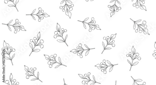Delicate seamless pattern featuring elegant line art branches adorned with berries and leaves on a pristine white background.