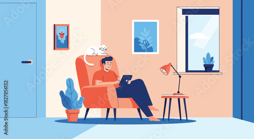 Man comfortably working on a laptop in a cozy armchair with a cat on his head in a brightly lit modern living room.