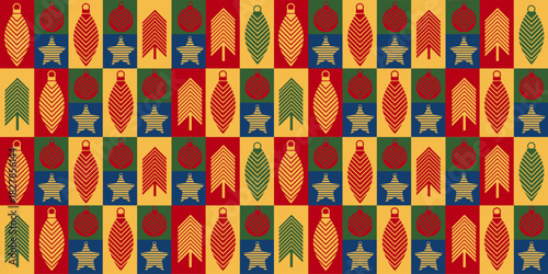 Colorful geometric seamless pattern with trees and Christmas ornaments in red, blue, green and orange. Perfect for festive textiles, wrapping paper and holiday decor