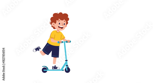 Happy cartoon boy with curly hair wearing a safety helmet joyfully riding a kick scooter with one leg raised.