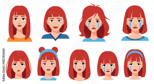 Collection of eight cartoon female faces with red hair portraying various sad expressions including crying and frowning.