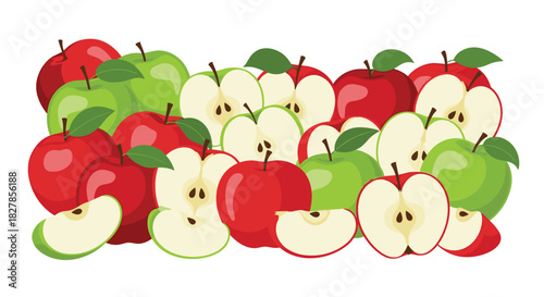 Abundant cluster of vibrant whole and perfectly sliced red and green apples for healthy eating.