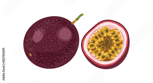 Detailed illustration of a whole passion fruit alongside a perfectly sliced half revealing its vibrant seeds and juicy pulp.