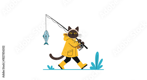 Adorable cartoon cat dressed in a yellow rain jacket and boots happily holding a fishing rod with a freshly caught fish.