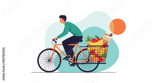 Man riding an orange bicycle with a full basket of fresh groceries including fruits vegetables and drinks with abstract background shapes.