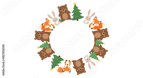 Adorable circular frame composed of cute woodland animals bears foxes and rabbits along with festive Christmas trees.
