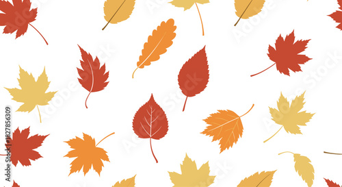 Beautiful seamless pattern featuring various autumn leaves in warm red orange and yellow colors on a clean white background.