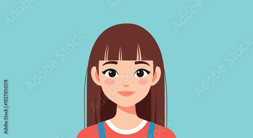 Beautiful portrait of a young woman with long brown hair and bangs wearing a red shirt with blue straps smiling gently.