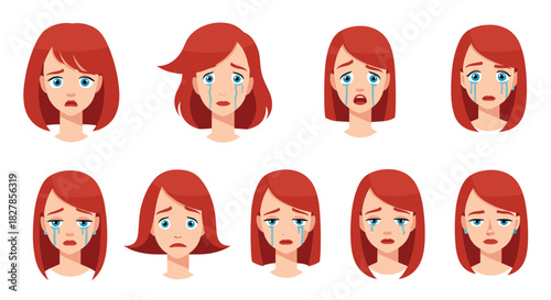 Comprehensive set of nine female facial expressions depicting various stages and intensities of crying and sadness with red hair.
