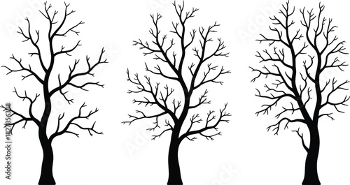 Bare Tree Silhouettes Set, Showing Deciduous Trees with Dead Branches, Representing Winter, Autumn, Nature, Forest, and Abstract Vector Illustration