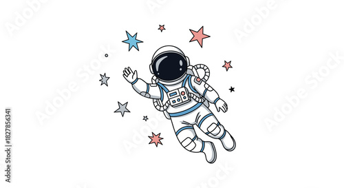 Cheerful cartoon astronaut floating weightlessly in outer space surrounded by a vibrant constellation of colorful stars.