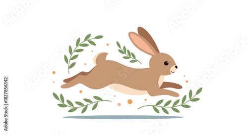 Adorable brown rabbit gracefully running or leaping surrounded by delicate green leafy branches and subtle magical sparkles.
