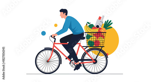 Man riding a bicycle with a full basket of fresh groceries including fruits vegetables and drinks with abstract background shapes.
