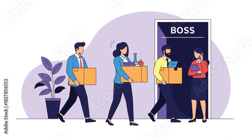 Group of employees carrying boxes of personal belongings symbolizing job resignation or layoff leaving a workplace through a Boss door.