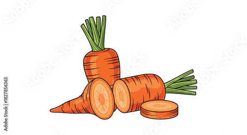 Fresh and vibrant collection of whole carrots and perfectly sliced carrot pieces with healthy green tops on white.
