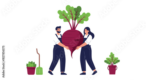 Cheerful farmers a man and woman proudly holding a giant beetroot surrounded by gardening tools and potted plants.
