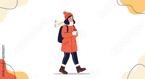 Young woman dressed in warm winter clothing including a coat hat and scarf with a backpack carrying a hot drink walking confidently.