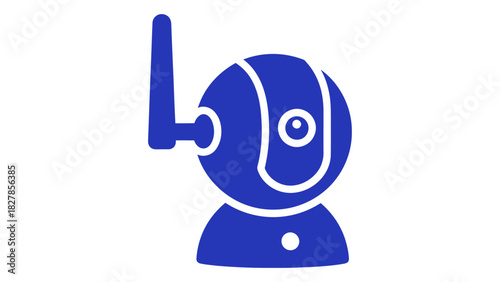 Blue icon of a wireless ip security camera with antenna, representing surveillance, home safety, and digital monitoring