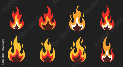 Collection of eight dynamic and stylized flame icons representing various fire shapes and intensities on a dark background.