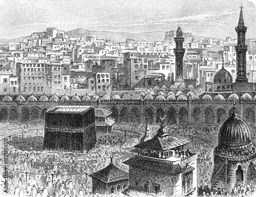 Bild auf Leinwand Kaaba in Mecca, surrounded by pilgrims and ancient architectural elements, old vintage illustration, 1899