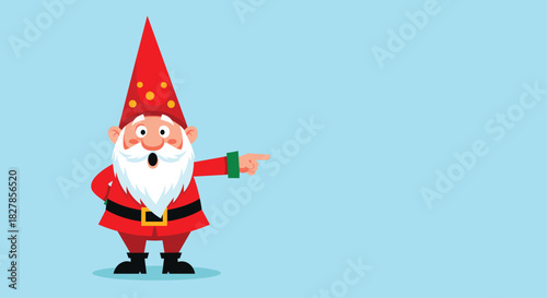 Surprised and charming Christmas gnome wearing a classic red hat and coat pointing towards the right on a light blue background.