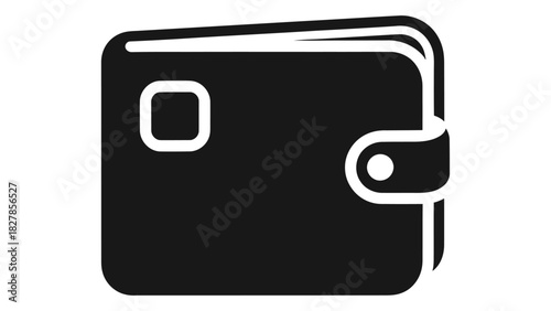 Minimalist black bifold wallet icon featuring a snap closure, symbolizing finance, money, payment, and personal economy