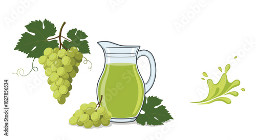 Refreshing composition featuring luscious green grapes a pitcher of grape juice and a dynamic splash of fresh juice.
