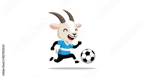 Cheerful cartoon goat wearing a blue and white striped shirt happily playing soccer with a classic black and white ball.