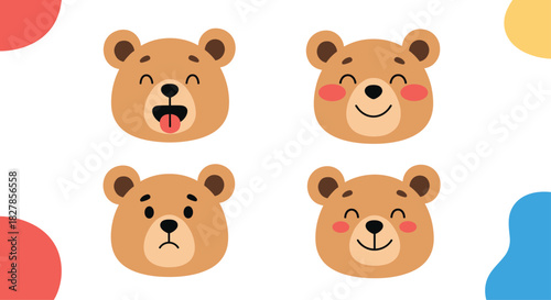Adorable set of four cartoon bear faces displaying various emotions including happy shy sad and winking with abstract shapes.