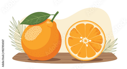 Fresh whole orange and a perfectly sliced half displayed on a rustic wooden board with elegant green leaf elements.