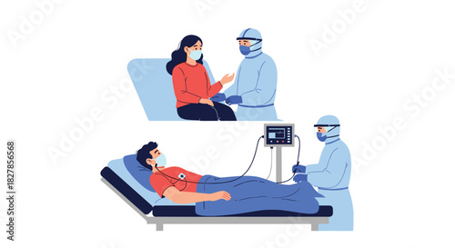 Two scenes illustrating critical patient care with doctors in PPE attending to a seated patient and a ventilated patient in a hospital setting.