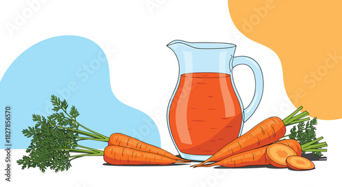 Refreshing pitcher of carrot juice presented alongside fresh whole carrots and perfectly sliced pieces with abstract background shapes.