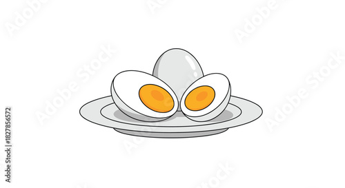 Simple and healthy illustration of a whole hard-boiled egg and two perfectly sliced halves on a white plate.