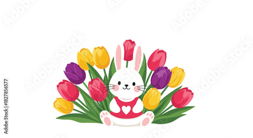Adorable little rabbit nestled among a beautiful bouquet of vibrant red yellow and purple tulips on a clean white background.