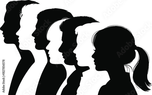 Black and White Human Head Silhouettes in Profile View Representing Diverse People, Identity, Communication, Generations, and Social Diversity Vector